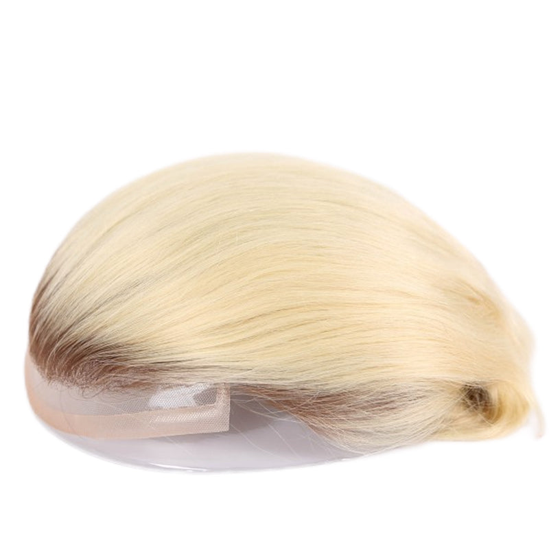 #01 Black Rooted Blonde Ombre Human Hair Toupee Wig Mens Replacement System Mono with PU around Base Wig Toupee