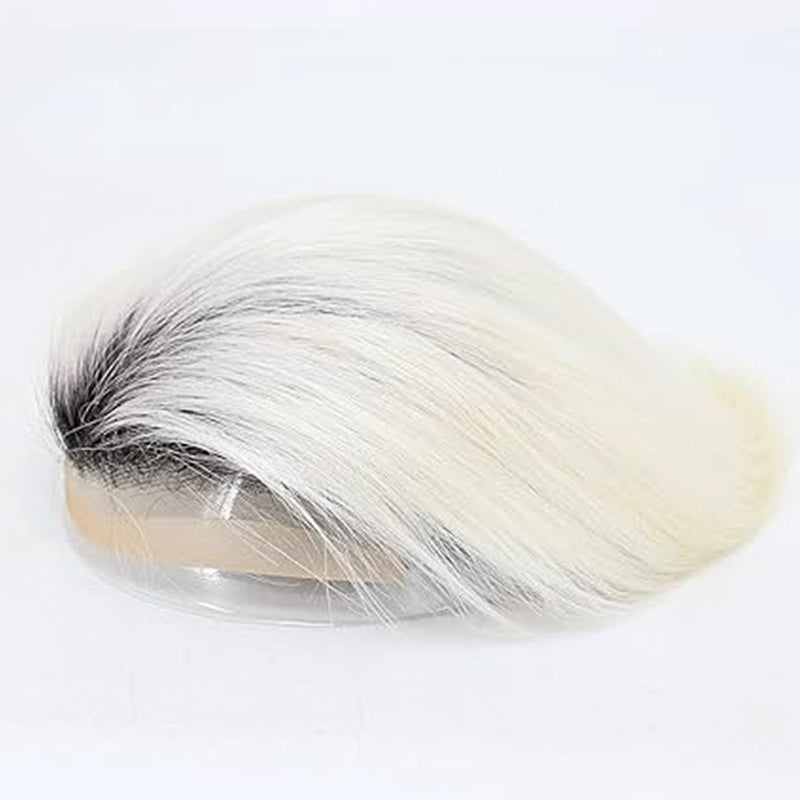 #01 Black Rooted Blonde Ombre Human Hair Toupee Wig Mens Replacement System Mono with PU around Base Wig Toupee