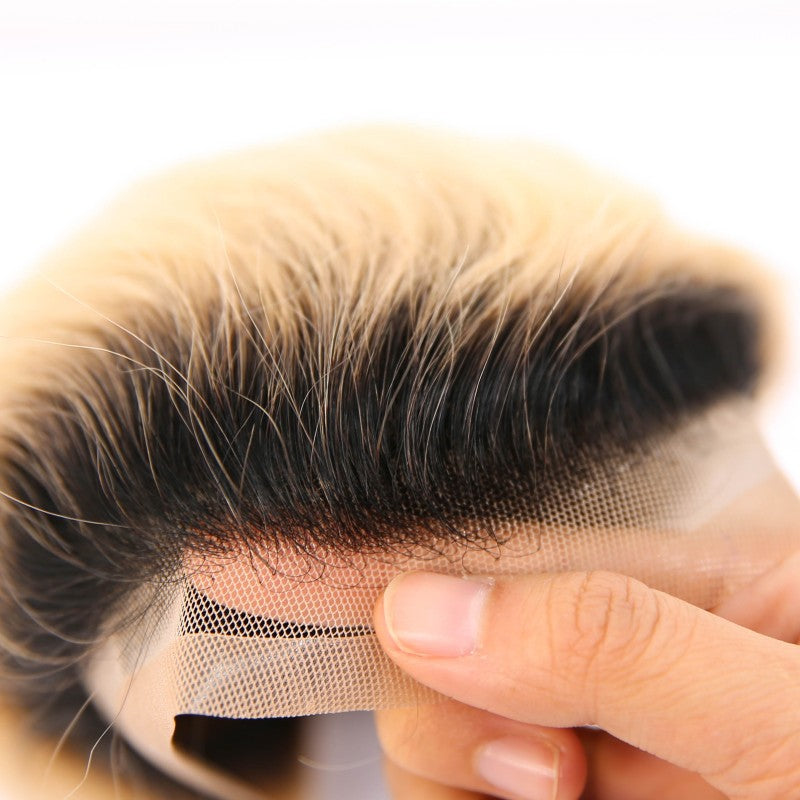 #01 Black Rooted Blonde Ombre Human Hair Toupee Wig Mens Replacement System Mono with PU around Base Wig Toupee