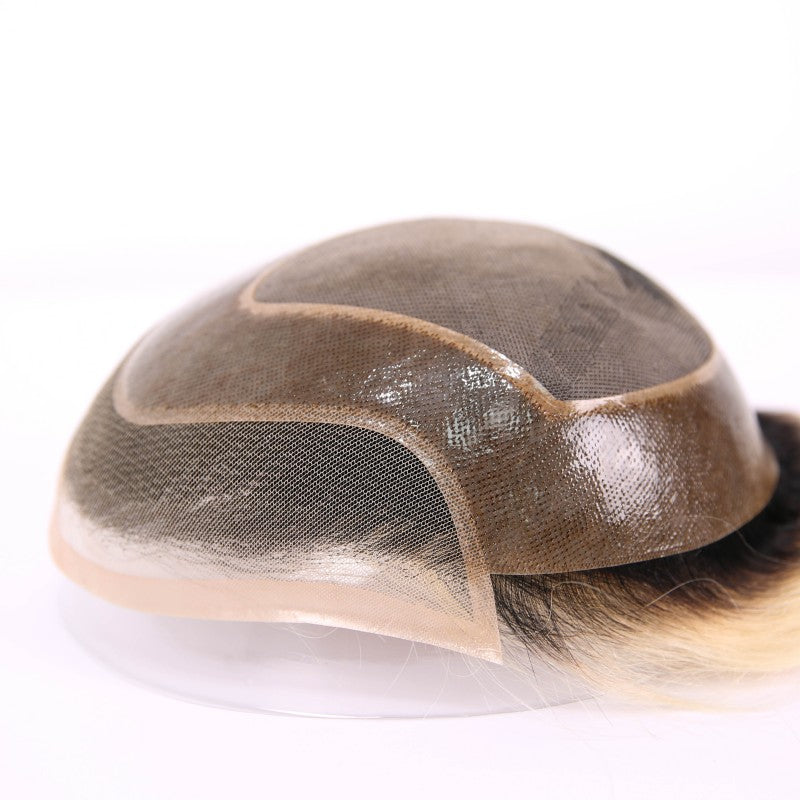 #01 Black Rooted Blonde Ombre Human Hair Toupee Wig Mens Replacement System Mono with PU around Base Wig Toupee