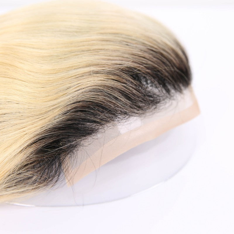 #01 Black Rooted Blonde Ombre Human Hair Toupee Wig Mens Replacement System Mono with PU around Base Wig Toupee