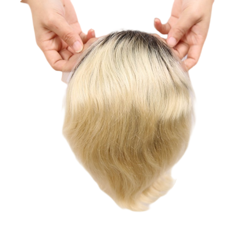 #01 Black Rooted Blonde Ombre Human Hair Toupee Wig Mens Replacement System Mono with PU around Base Wig Toupee