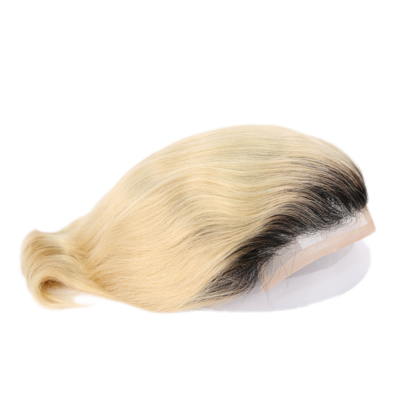 #01 Black Rooted Blonde Ombre Human Hair Toupee Wig Mens Replacement System Mono with PU around Base Wig Toupee