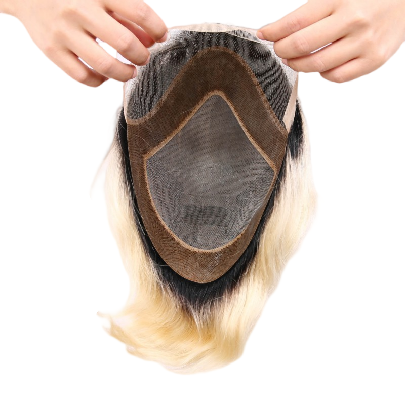 #01 Black Rooted Blonde Ombre Human Hair Toupee Wig Mens Replacement System Mono with PU around Base Wig Toupee