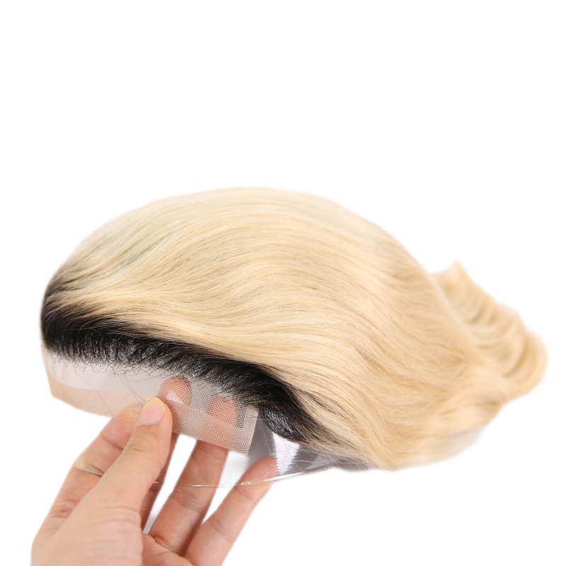 #01 Black Rooted Blonde Ombre Human Hair Toupee Wig Mens Replacement System Mono with PU around Base Wig Toupee