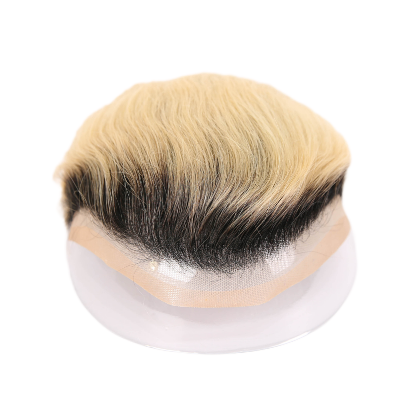 #01 Black Rooted Blonde Ombre Human Hair Toupee Wig Mens Replacement System Mono with PU around Base Wig Toupee