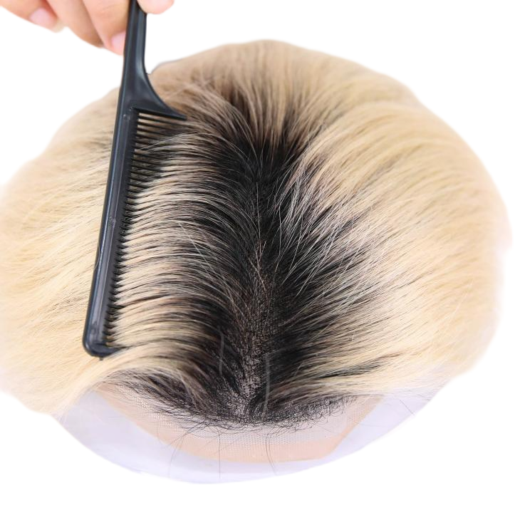 #01 Black Rooted Blonde Ombre Human Hair Toupee Wig Mens Replacement System Mono with PU around Base Wig Toupee