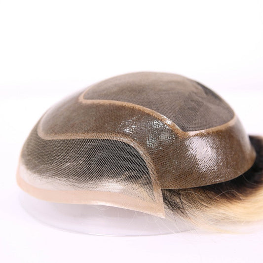 #01 Black Rooted Blonde Ombre Human Hair Toupee Wig Mens Replacement System Mono with PU around Base Wig Toupee