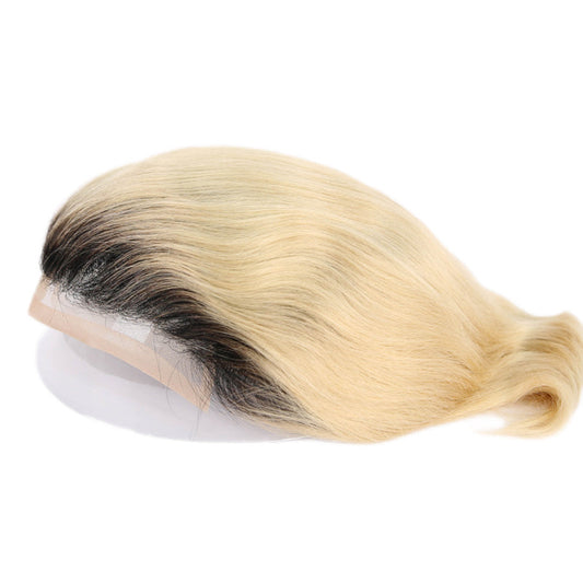 #01 Black Rooted Blonde Ombre Human Hair Toupee Wig Mens Replacement System Mono with PU around Base Wig Toupee